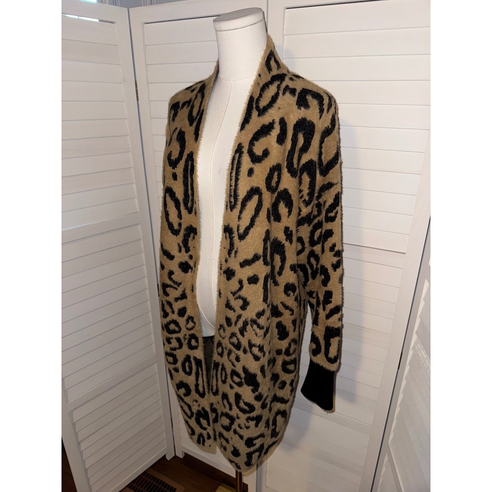 Westbound Leopard Print Fuzzy Knit Cardigan Long Sleeve Open Front Size L - Picture 4 of 6
